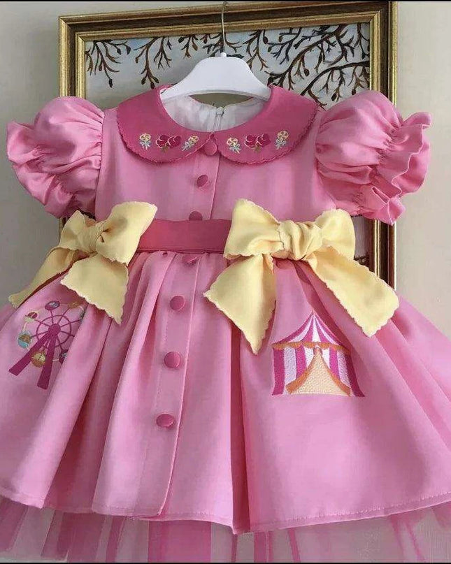 Delightful Vintage Pink Dress for Baby Girls with Enchanting Ferris Wheel Embroidery - Perfect for Celebrations and Photoshoots (0-12Y)