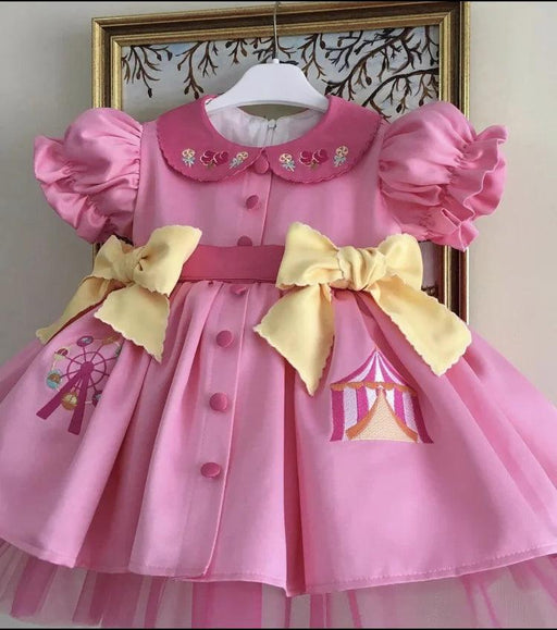 Delightful Vintage Pink Dress for Baby Girls with Enchanting Ferris Wheel Embroidery - Perfect for Celebrations and Photoshoots (0-12Y)