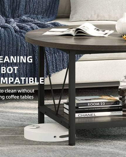 Modern Rustic Round Coffee Table with Generous Storage and Stylish Design