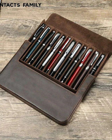 Elegant Genuine Leather Pen Organizer - Stylish Storage for Office and Travel