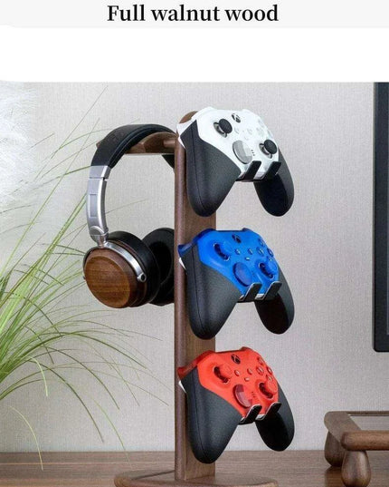 Elegant Walnut Gaming Controller Dock with Headphone Holder