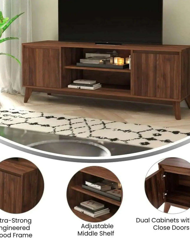 60" Walnut-Finished Mid-Century Modern TV Stand with Soft-Close Doors and Adjustable Shelf