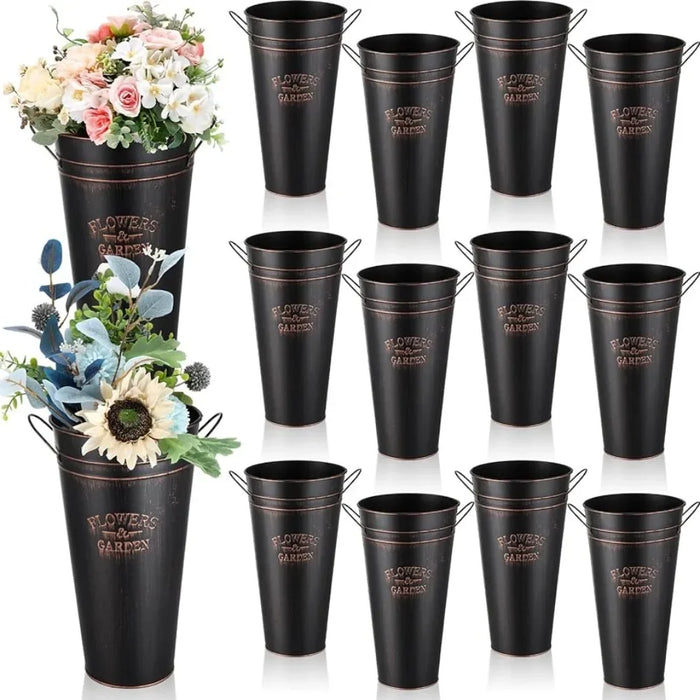 15" Rustic Galvanized Metal Flower Buckets - Bulk Set of 12 | Stylish Vases for Home Decor and Gifting