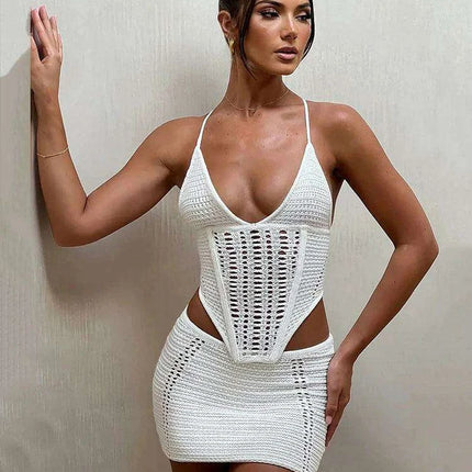 Backless Lace-Up Knitted Crop Top and Mini Skirt Set for Women - Elegant Club Outfit