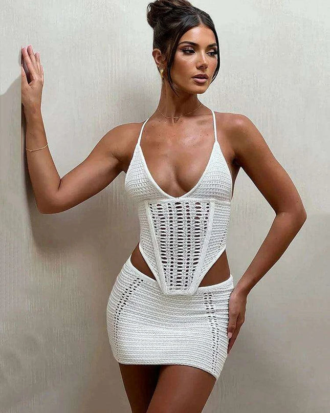 Backless Lace-Up Knitted Crop Top and Mini Skirt Set for Women - Elegant Club Outfit