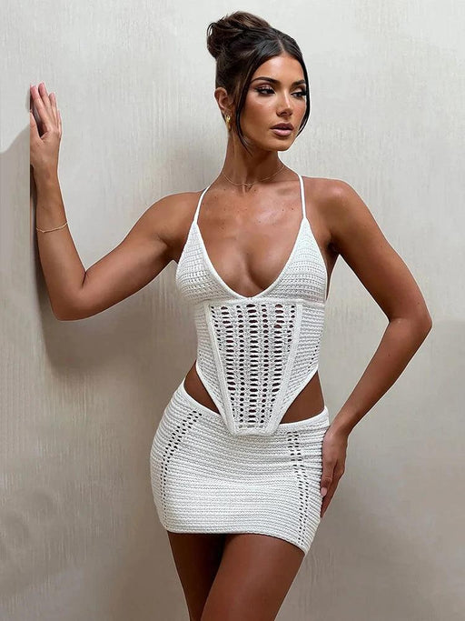 Backless Lace-Up Knitted Crop Top and Mini Skirt Set for Women - Elegant Club Outfit