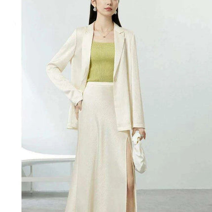 Chic Women's Satin Blazer and A-line Midi Skirt Ensemble for Autumn