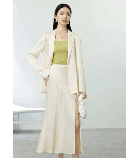 Chic Women's Satin Blazer and A-line Midi Skirt Ensemble for Autumn