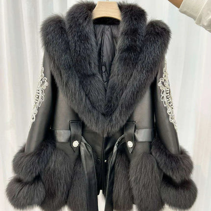 Luxurious V-neck Fox Fur and Sheepskin Winter Coat