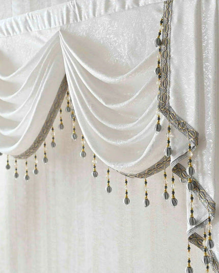 Sophisticated Gray Beaded Waterfall Swag Valance - Luxurious Rod Pocket Curtain Treatment