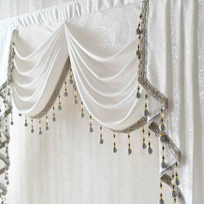 Sophisticated Gray Beaded Waterfall Swag Valance - Luxurious Rod Pocket Curtain Treatment