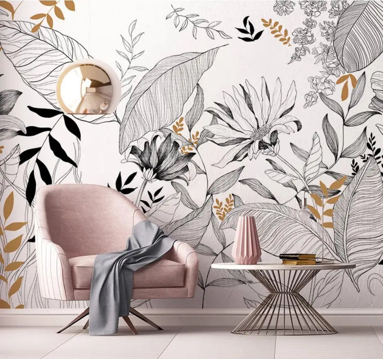 Tropical Rainforest Plants Abstract Line Art Wallpaper Mural