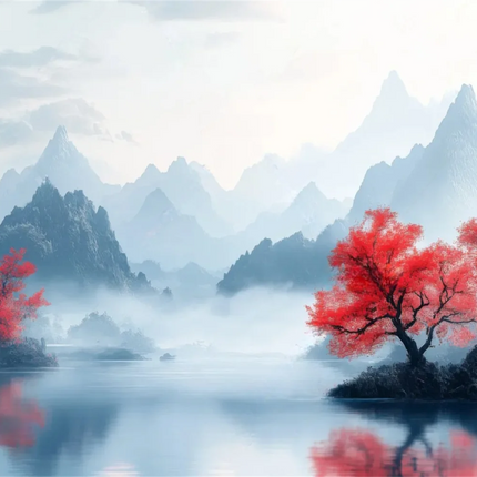 Mountain Lake Cherry Blossom 3D Mural Wallpaper