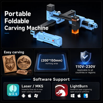 D2 Foldable Laser Engraver - 200x150mm, Multi-Platform, Wood Acrylic Leather