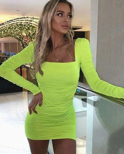 Sophisticated Autumn Pleated Bodycon Dress with Long Sleeves and Square Neck for Women by Josiaoprah