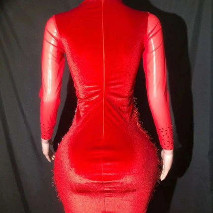 Glamorous Red Mesh Bodycon Dress with Crystal Accents and Sleeves
