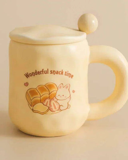 Whimsical Korean Cartoon Ceramic Mug Set with Lid and Spoon - Playful Drinkware Delight