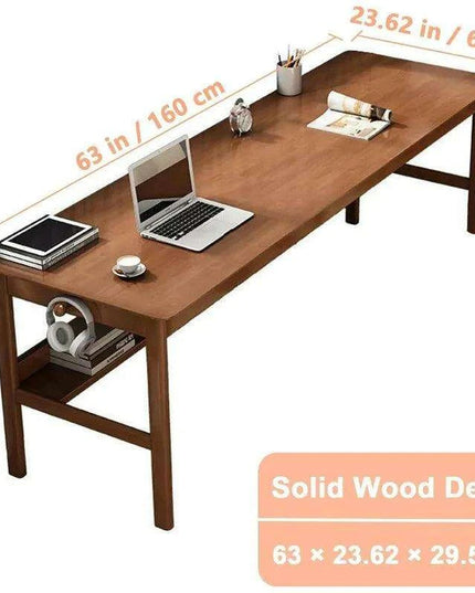 63" Elegant Mid Century Modern Solid Wood Office Desk with Storage Shelf - Walnut Finish