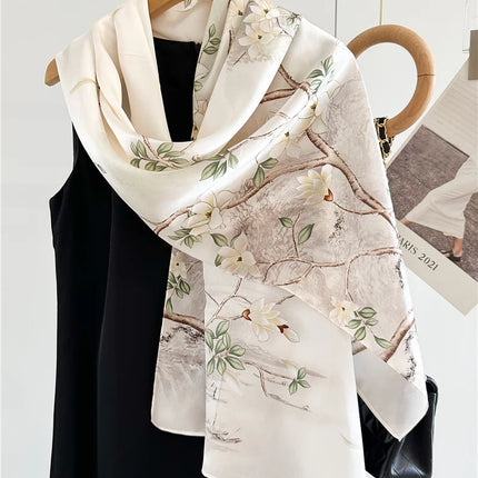 100% Silk Floral Long Scarf – Luxury Wrap & Shawl, 170x53 cm