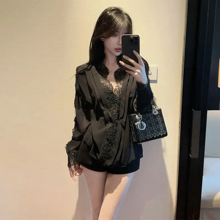Spring Summer Sexy Vintage Lace Patchwork Solid Color Long Sleeve Blou