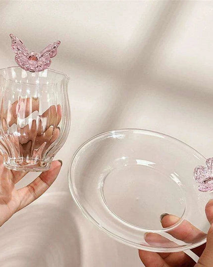 Charming Floral Butterfly Glass Teacup Set - Perfect for Elegant Tea Events