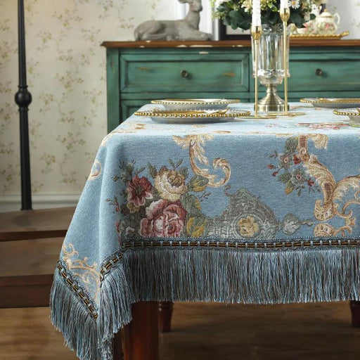 Elegant European Chenille Table Cover with Floral Tassels