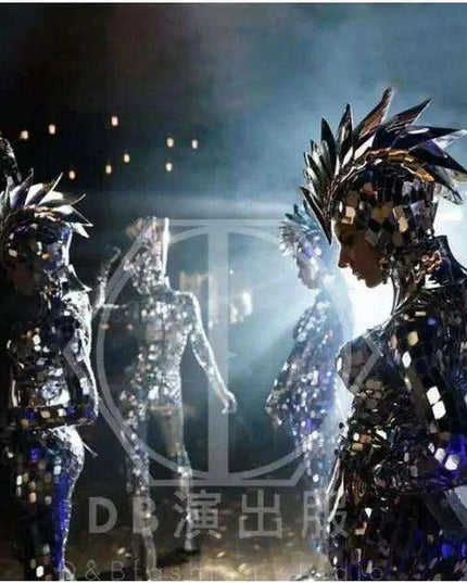 Customizable Silver Serpent Mirror Performance Costume for Nightclubs and Theatrical Shows