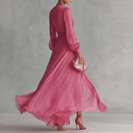 Deep V Neck Long Sleeve Maxi Dress — Wrap Tie Waist, High Slit