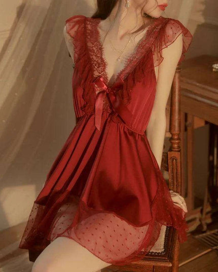 Elegant French Lace Chemise Nightgown for Women - Soft V-neck Sleepwear