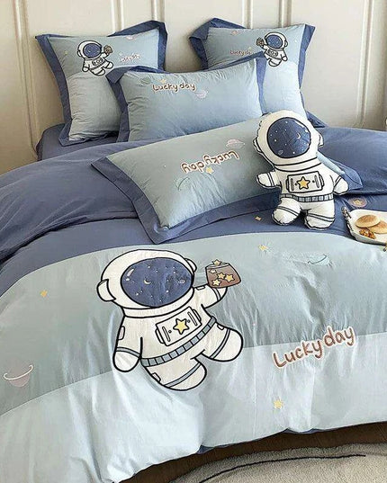 Charming Blue Cartoon Astronaut Embroidered 100% Cotton Boys Bedding Set - Single Duvet Cover, Sheet & Pillowcases - Ideal Gift for Little Explorers