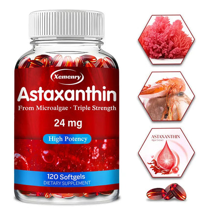 Xemenry Astaxanthin 24mg Triple Strength Softgels — High Potency Microalgae Antioxidant Supplement