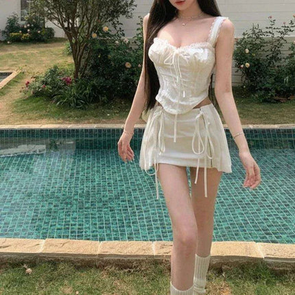 Chic Vintage Korean A-Line Skirt and Backless Camisole Women's Two-Piece Set