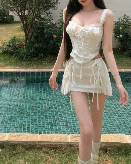 Chic Vintage Korean A-Line Skirt and Backless Camisole Women's Two-Piece Set