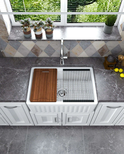Chic Farmhouse Kitchen Sink Ensemble with Essential Accessories - Includes Cutting Board, Grid & Strainer