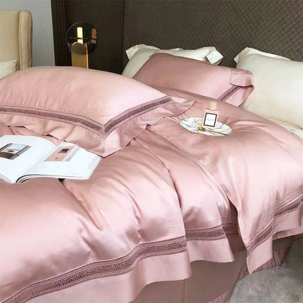Sumptuous 1000TC Egyptian Cotton Bedding Ensemble with Elegant Hollow Lace - Duvet Cover, Flat & Fitted Sheets, Pillowcases for Queen & King Beds