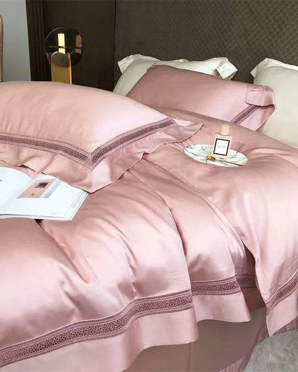 Sumptuous 1000TC Egyptian Cotton Bedding Ensemble with Elegant Hollow Lace - Duvet Cover, Flat & Fitted Sheets, Pillowcases for Queen & King Beds