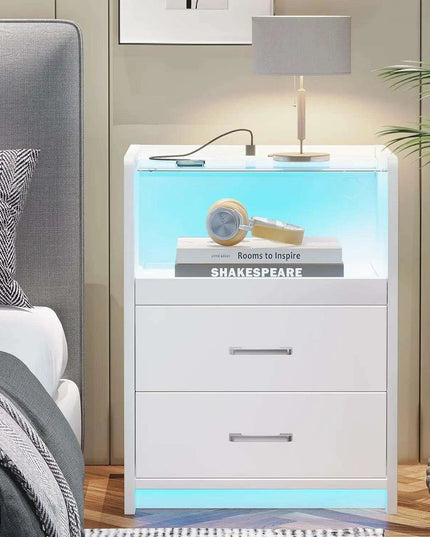 LED Smart Nightstand with Charging Station and Pull-out Tray - Modern Design with 2 Drawers