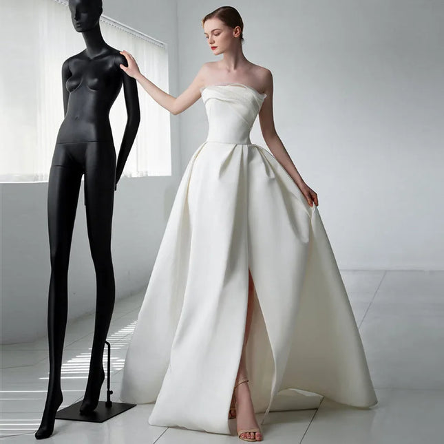 White Satin Strapless Wedding Dress with 50cm Train — Bridal Gown for Weddings & Formal Events