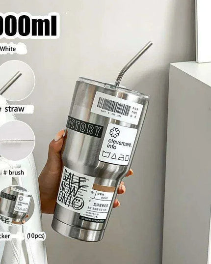 900ML Double-Wall Insulated Steel Travel Mug with Straw and Lid - Perfect for Adventurers and Daily Hydration