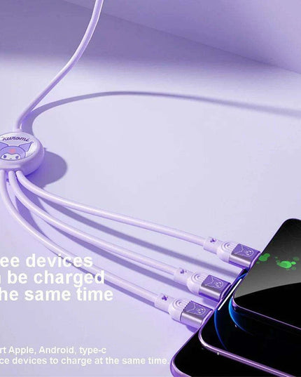 Sanrio Kuromi & Friends 3-In-1 Charging Cable - Adorable Anime Characters USB Cord for Huawei, iPhone, Xiaomi - Durable & Perfect for Gifting