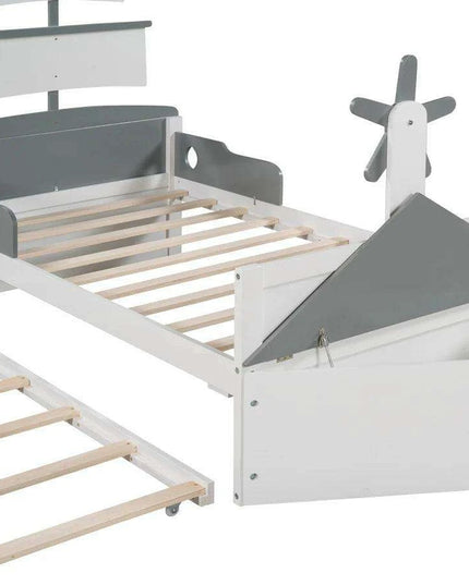 Race Car-Inspired Twin Bedroom Set with Trundle Bed and Nightstands - White/Gray Pine Wood Furniture