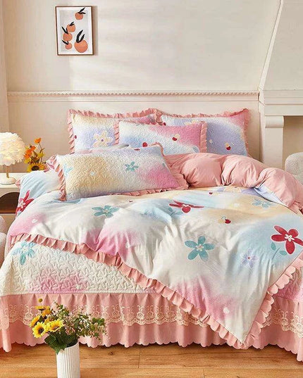 Chic Floral Ruffle Queen Bedding Set
