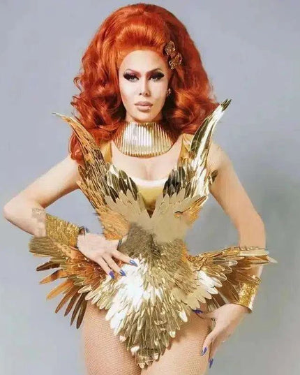 Radiant Gold Leaf Patent Leather Dance Bodysuit Set for Nightlife Glamour