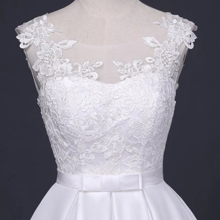 Elegant White Satin Backless Wedding Dress with Lace Embroidery