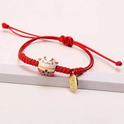 Whimsical Rainbow Braided Lucky Cat Bracelet - Adjustable Ceramic Good Fortune Jewelry