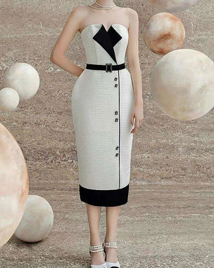 Elegant Strapless Jacquard Party Dress with Color Contrast Accents