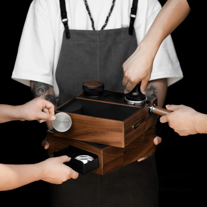 Espresso Knock Box Organizer with Integrated Tamping Station Mat - Essential Storage for Baristas