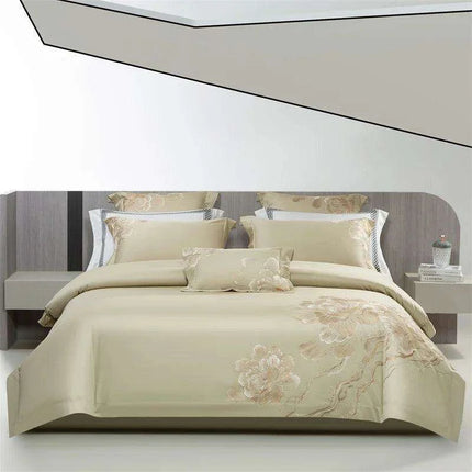 Elegant Floral Embroidered 1400TC Egyptian Cotton 4-Piece Duvet Cover and Sheet Set with Pillowcases