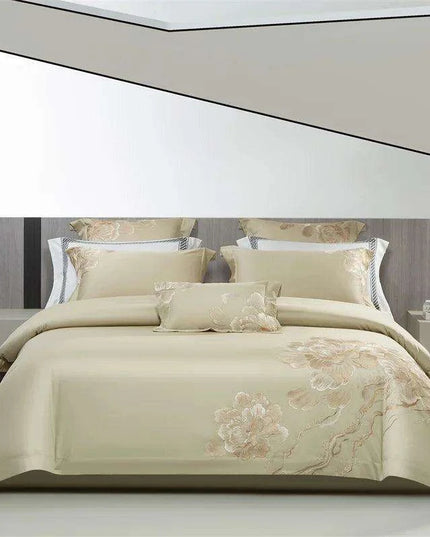 Elegant Floral Embroidered 1400TC Egyptian Cotton 4-Piece Duvet Cover and Sheet Set with Pillowcases