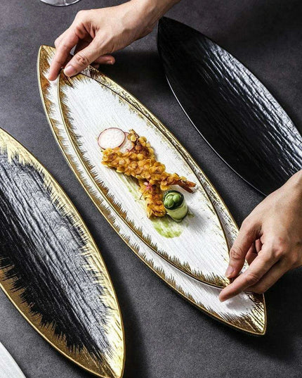 Sophisticated Japanese Ceramic Leaf Plate with Textured Finish and Gold Trim - Perfect for Elegant Dining